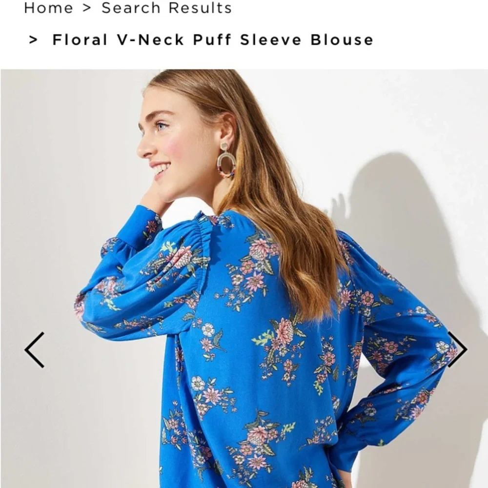 Loft Blue Floral V-Neck Long Sleeve Blouse Size Medium